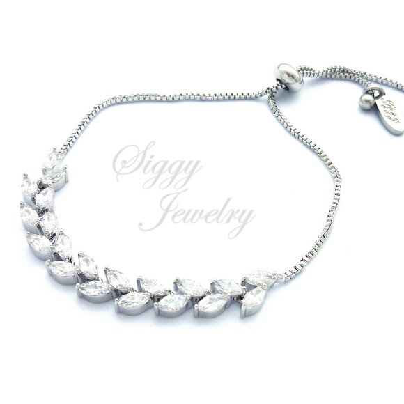 Delicate CZ Leaf Bridal Bolo Adjustable Bracelet - Picture 4 of 8